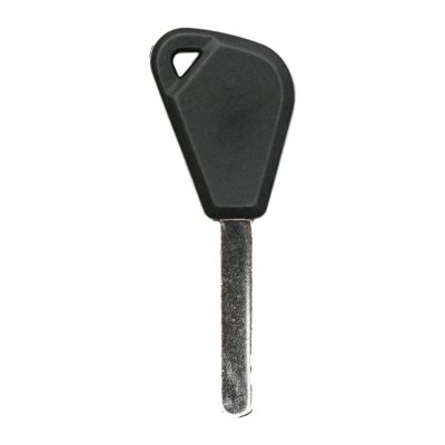 Car key with black plastic head and metal blade shown from side view on white background
