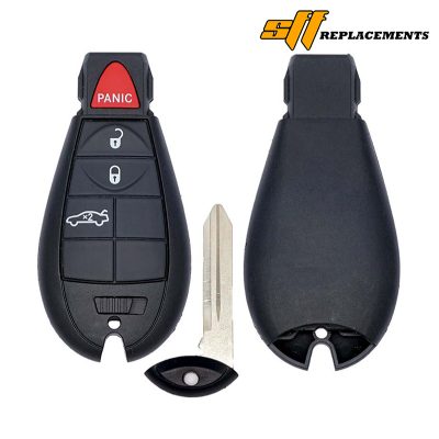 Split view of a black car key fob shell with a red PANIC button on the left and a separate metal key blade between halves (replacement key shell).