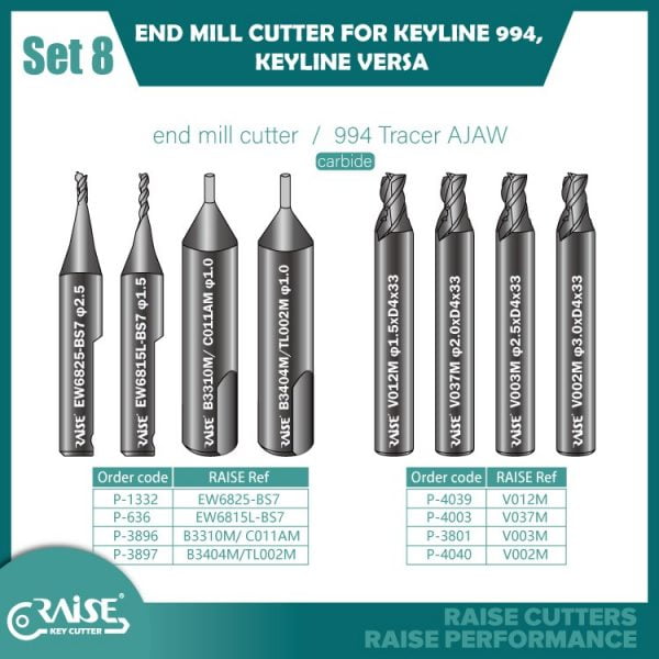 SET OF 6 END MILL CUTTERS AND 2 TRACERS FOR KEYLINE 994/NINJA/VERSA