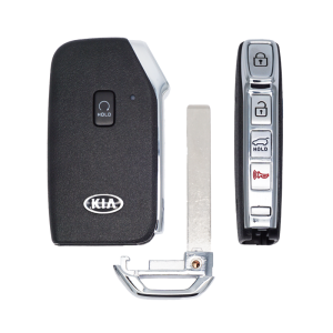 Kia car key fob with lock, unlock, trunk, and panic buttons, plus a metal key blade separate from the remote.