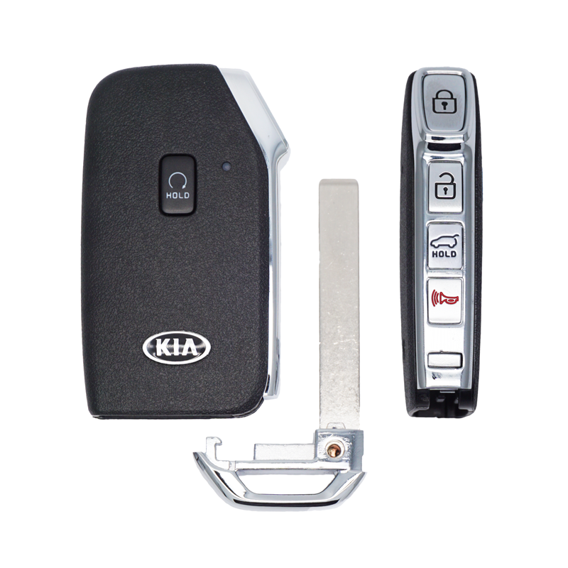 11429FS-MAIN - SFFobs Inc. Kia car key fob with lock, unlock, trunk, and panic buttons, plus a metal key blade separate from the remote.