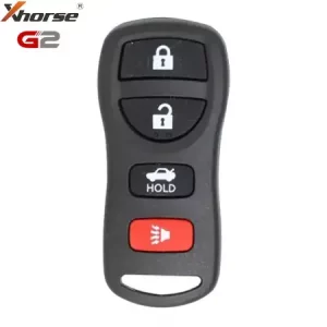 Black car key fob with lock, unlock, hold trunk, and red panic buttons; brand logos in the top-left corner.