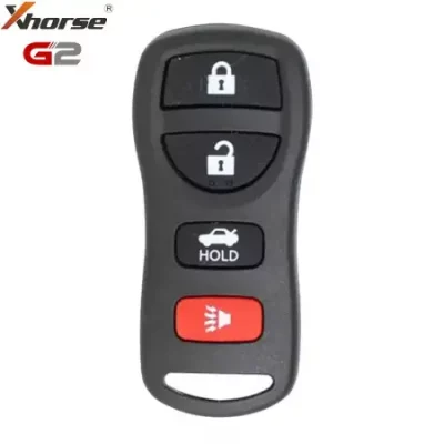 Black car key fob with lock, unlock, hold trunk, and red panic buttons; brand logos in the top-left corner.