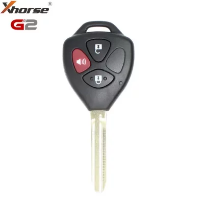 Black car key fob with four buttons (lock, unlock, trunk, alarm) and a metal blade; Xhorse and G2 logos in the corner.