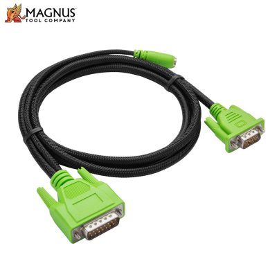 Green DB-15 to DE-9 adapter cable with braided black sleeve, used to connect a 15-pin port to a 9-pin serial port.