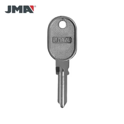Metal key blank with an oval textured head, circular top hole, and JMA branding on the head.