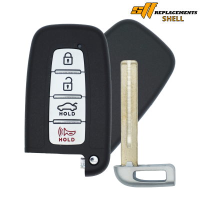 Black car key fob with four silver buttons and a gold blade, shown beside a black replacement shell.