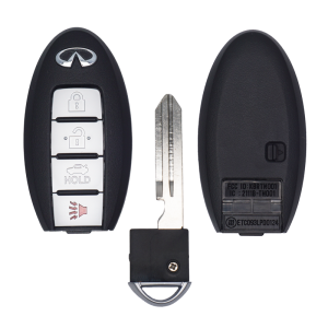 11436FS-MAIN - SFFobs Inc. Infiniti car key fob with four white buttons (Lock, Unlock, Trunk/Hold, Panic) and a metal key blade in the center on a black shell.