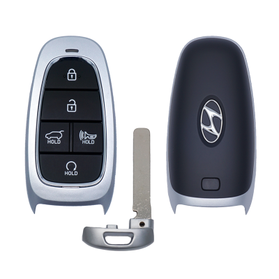 Hyundai car key fob with a four-button remote (lock, unlock, hold, hold) plus a metal key blade and fob shell