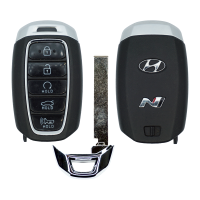Hyundai smart key fob with four buttons (lock, unlock, hold) and a separate metal key blade beside it, against a white background