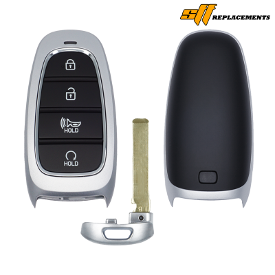 Car key fob with fourbuttons: lock, unlock, hold horn, hold; separate shell and metal blade, SIT Replacements logo