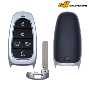 Car key fob with lock, unlock, trunk-hold buttons, plus a detachable metal key blade and shell.
