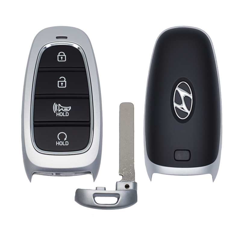 11569U-SF - SFFobs Inc. Car key fob with four black buttons (lock, unlock, hold) and a separate metal key blade next to the shell pieces, on a white background
