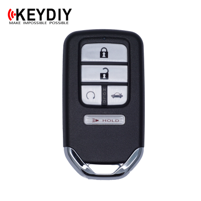 KeyDIY car key fob with four silver buttons (lock, unlock, trunk/hold) on a black body against a white background.