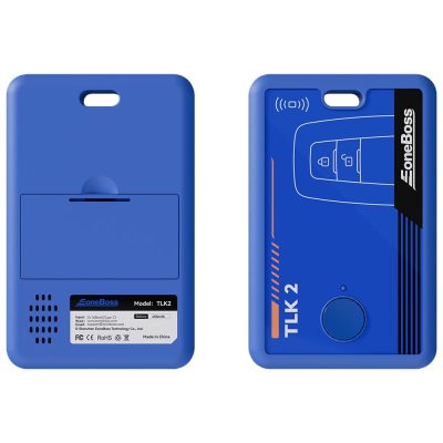 Two blue handheld devices shown from front and back; back view reveals a label and speaker area, front view features a graphic panel and a black OneBoss strip with TLK 2 branding.