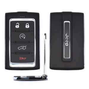 Front and back views of a Jeep car key fob with four buttons (lock, unlock, trunk release, panic) and a detached metal key blade; back shows 'Jeep' logo.