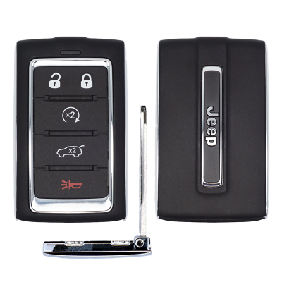 Front and back views of a Jeep car key fob with four buttons (lock, unlock, trunk release, panic) and a detached metal key blade; back shows 'Jeep' logo.