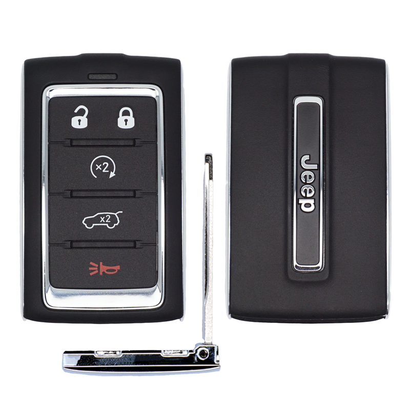 11649-main - SFFobs Inc. Front and back views of a Jeep car key fob with four buttons (lock, unlock, trunk release, panic) and a detached metal key blade; back shows 'Jeep' logo.