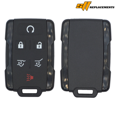 Pair of car key fobs shown from the front and back, with lock/unlock, trunk, alarm, and remote-start-style buttons visible on the left fob.
