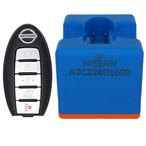Nissan car key fob with four buttons beside a blue car proximity transponder chip inlay, used for ignition and access