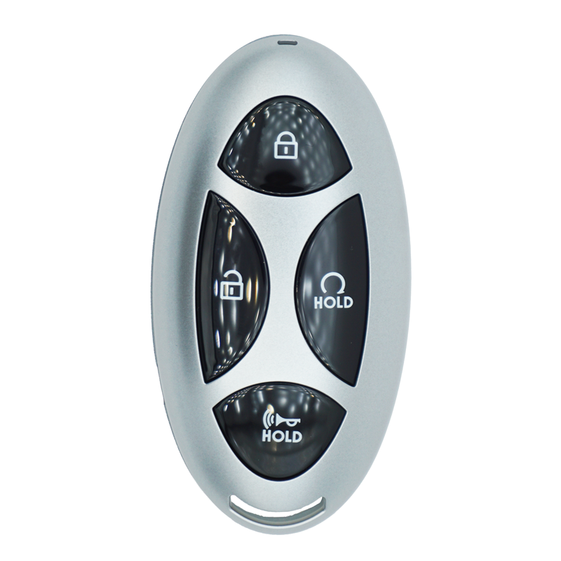10682-front - SFFobs Inc. Silver oval car key fob with four buttons: lock, unlock, hold, and a horn hold button for panic