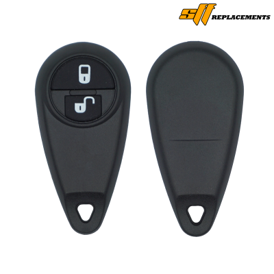 Two-sided black car key fob; front shows two circular buttons labeled '0' and 'S' with a keyring hole at the bottom, back is plain.