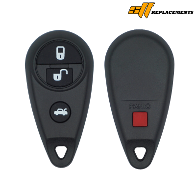 Car key fob with lock, unlock, and trunk buttons on the front and a separate panic button on the back side