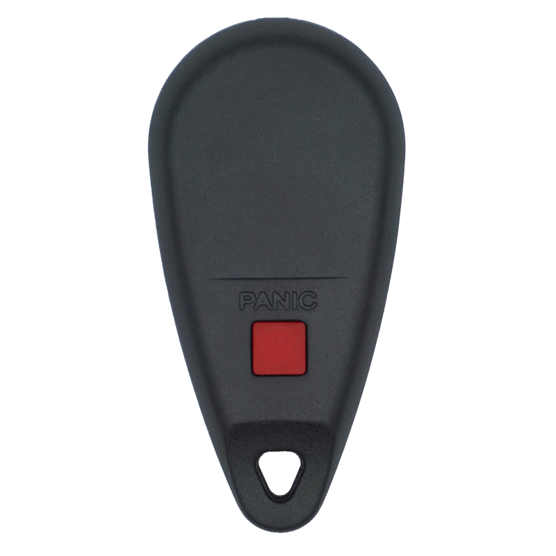 10726A-Sf-Back - SFFobs Inc. Black handheld panic alarm remote with a red square button and a keyring hole at the bottom.