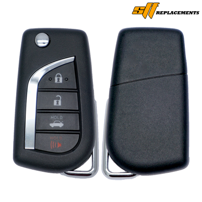 Car key fob with four buttons (lock, unlock, trunk release, panic/alarm) shown from front and back with a chrome accent, two halves opened apart.
