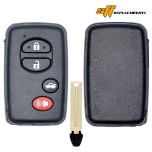 Car key fob with split remote: left half shows lock/unlock buttons and panic button; separate key blade and right shell visible, logo in corner.