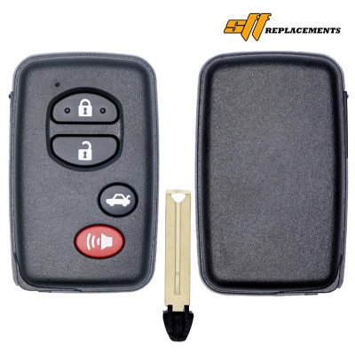 Car key fob with split remote: left half shows lock/unlock buttons and panic button; separate key blade and right shell visible, logo in corner.