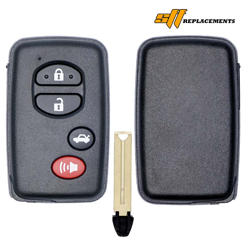 10812ASffResize - SFFobs Inc. Car key fob with split remote: left half shows lock/unlock buttons and panic button; separate key blade and right shell visible, logo in corner.