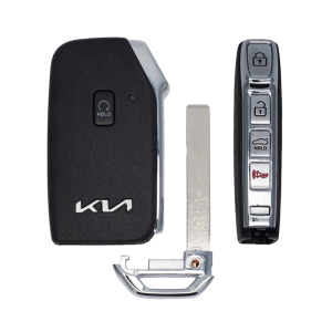 Kia smart key fob with multiple buttons and a detachable metal key blade shown beside it