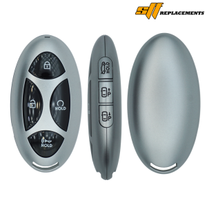 Silver oval car key fob showing four buttons: lock, unlock, trunk release, and panic/hold.