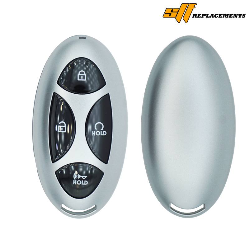 11682-sf - SFFobs Inc. Two-piece silver car key remote fob with four black buttons (Lock, Unlock, Hold with sound, Hold) shown next to its shell, logo in corner.