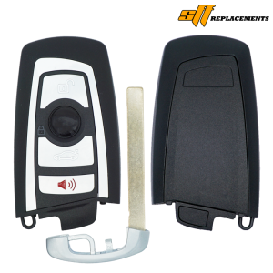 Two black car key fobs with a metal key blade; left fob shows lock, trunk, and alarm buttons, right fob is the back view.