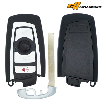 Two black car key fobs with a metal key blade; left fob shows lock, trunk, and alarm buttons, right fob is the back view.