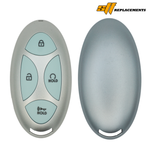 Silver car remote fob with four light-blue buttons (lock, unlock, HOLD, and horn) and a matching shell beside it, on a white background.