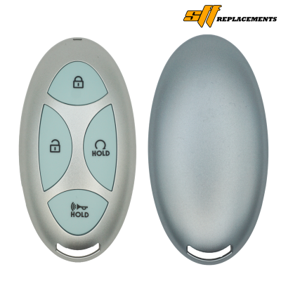 Silver car remote fob with four light-blue buttons (lock, unlock, HOLD, and horn) and a matching shell beside it, on a white background.