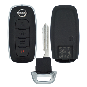 Nissan car key fob with four buttons and a detachable metal key blade, front view, dark plastic with silver trim