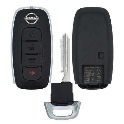 Nissan car key fob with four buttons and a detachable metal key blade, front view, dark plastic with silver trim