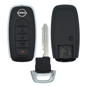 Nissan car key fob with three button controls (unlock, lock, alarm) and a detached metal key blade; back shows battery compartment.