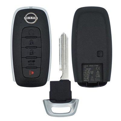Nissan car key fob with three button controls (unlock, lock, alarm) and a detached metal key blade; back shows battery compartment.