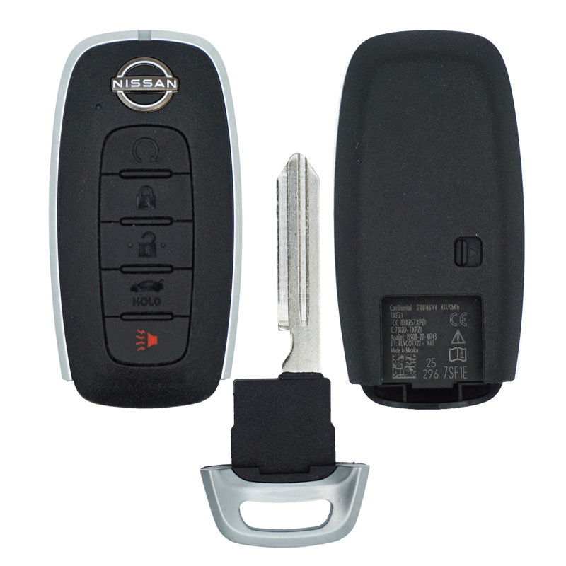 11929U-SF-Main - SFFobs Inc. Nissan car key fob with three button controls (unlock, lock, alarm) and a detached metal key blade; back shows battery compartment.