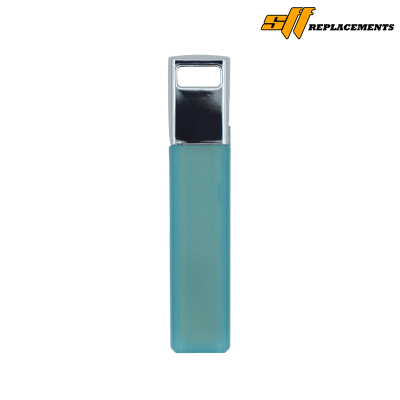 Blue disposable lighter with a silver metal top, shown upright.