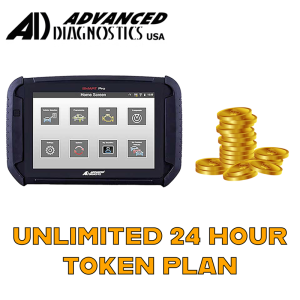Advertisement showing an Advanced Diagnostics USA handheld diagnostic tablet beside a stack of gold coins, with bold orange text 'UNLIMITED 24 HOUR TOKEN PLAN' below.