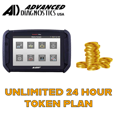 Advertisement showing an Advanced Diagnostics USA handheld diagnostic tablet beside a stack of gold coins, with bold orange text 'UNLIMITED 24 HOUR TOKEN PLAN' below.