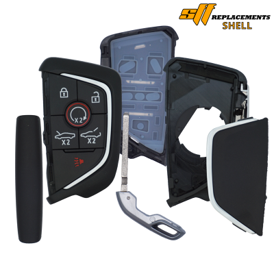 Disassembled car key fob showing each piece: outer shell, inner circuitry housing, and metal key blade (SF Replacements Shell).
