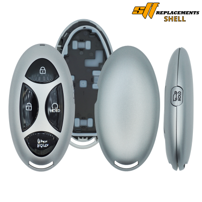Disassembled silver car key fob showing outer shell, inner housing, and button paddles (lock, unlock, hold).