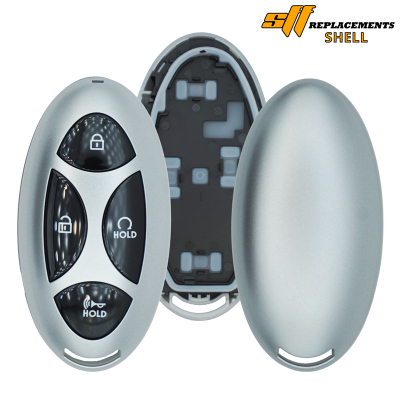 Silver car key fob shell with four black buttons, back cover removed showing inner housing; SF Replacements Shell logo in corner.